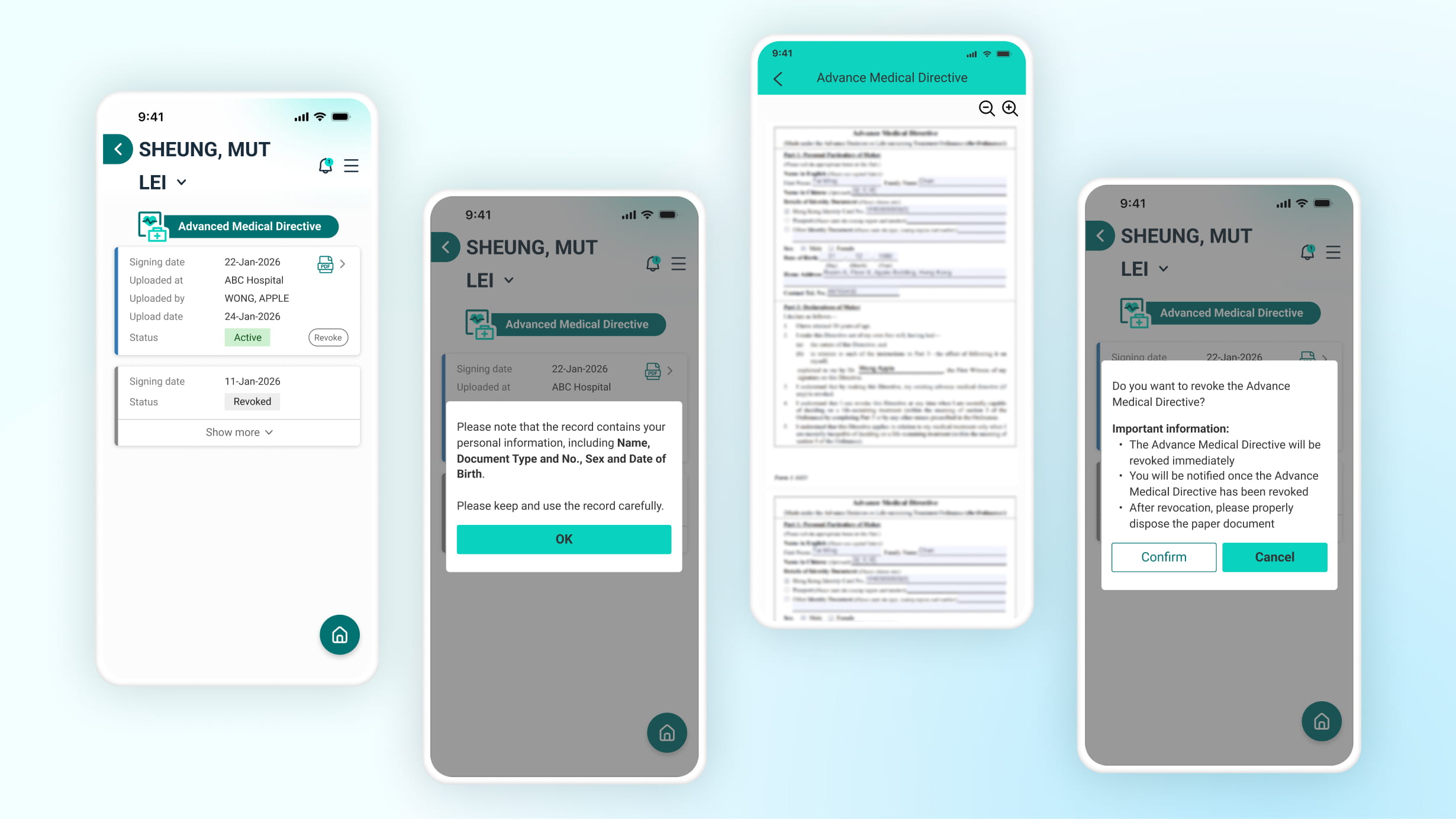 Final Advanced Medical Directive screens showing record status, document viewing and revocation steps