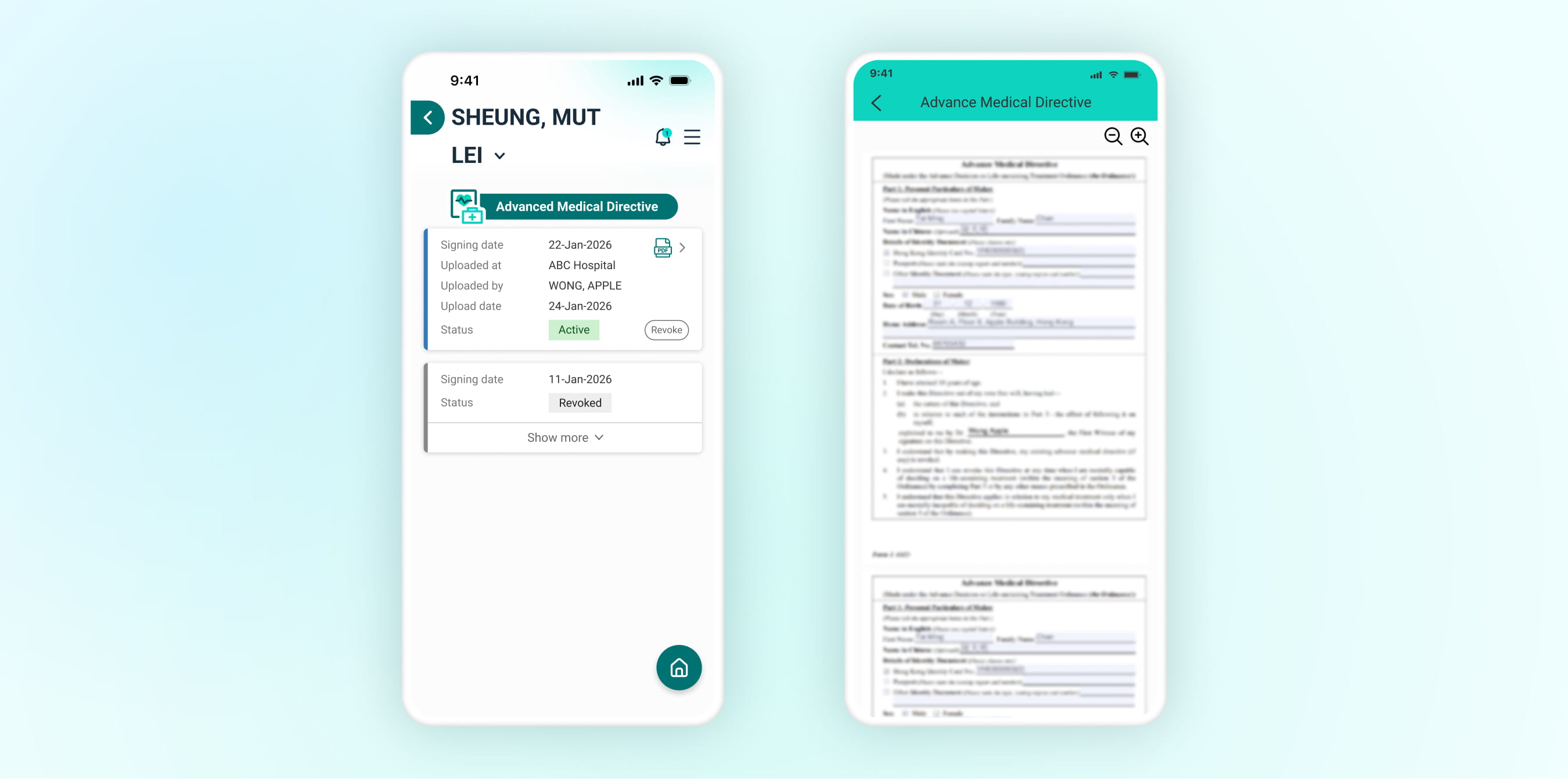 Advanced Medical Directive records and document view in the eHealth App