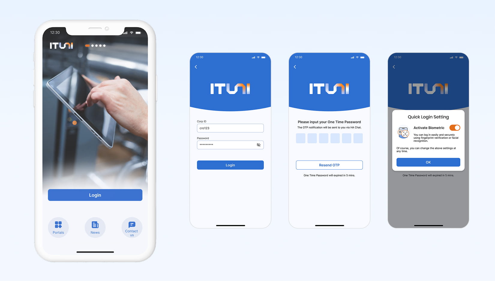 ITUNI login, one-time password and biometric setup screens